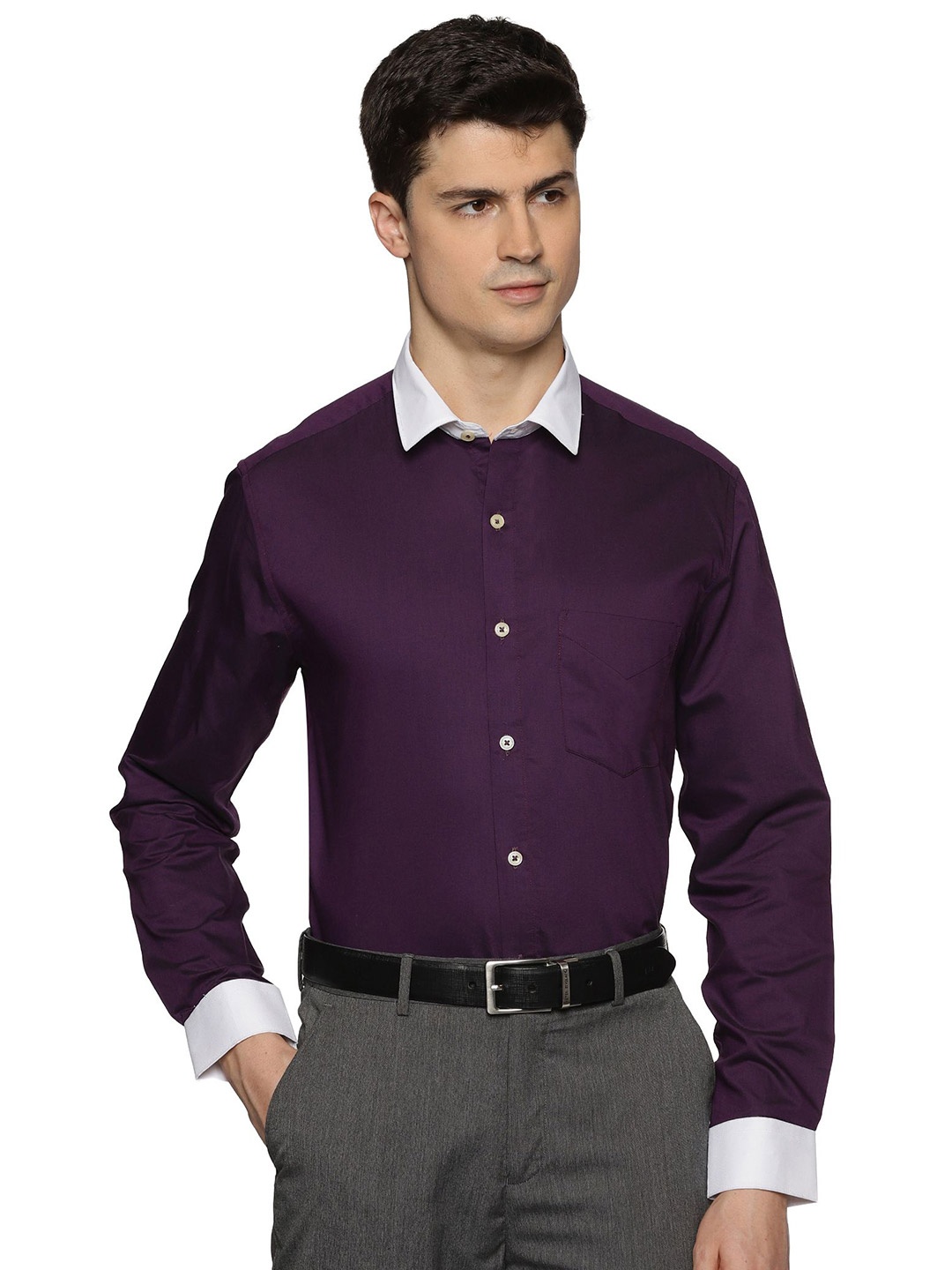 

THE FORMAL CLUB Men Contrast Collar Formal Solid Shirt, Purple