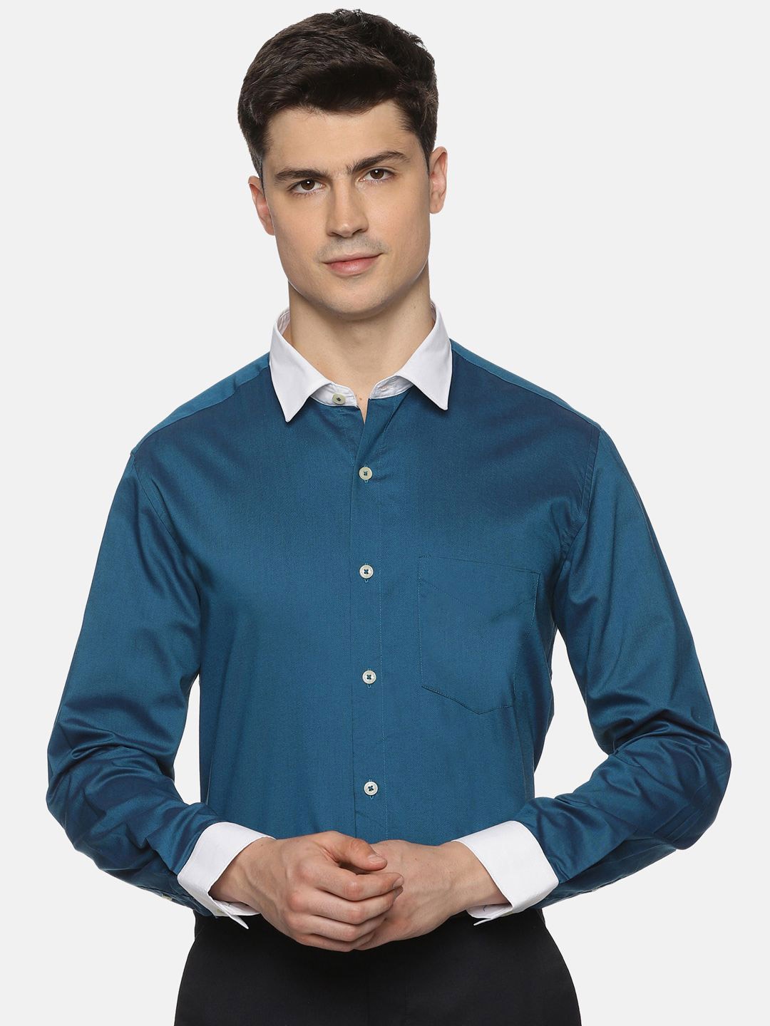 

THE FORMAL CLUB Men Contrast Collar Solid Formal Shirt, Teal