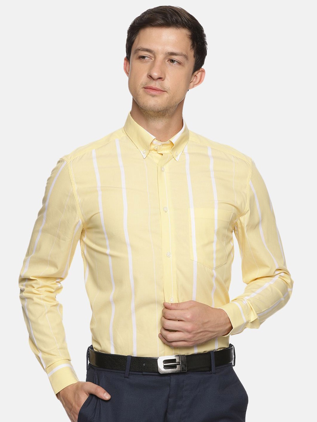 

THE FORMAL CLUB Men Button-Down Collar Striped Formal Shirt, Yellow