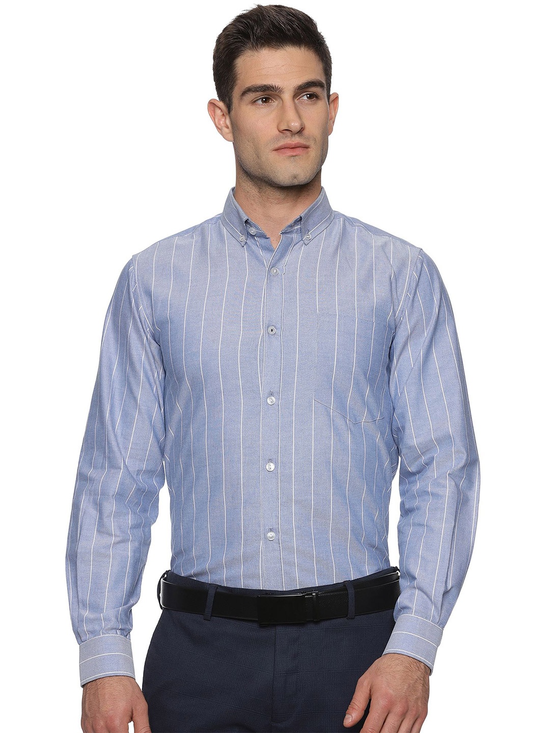 

THE FORMAL CLUB Men Button-Down Collar Striped Formal Shirt, Blue