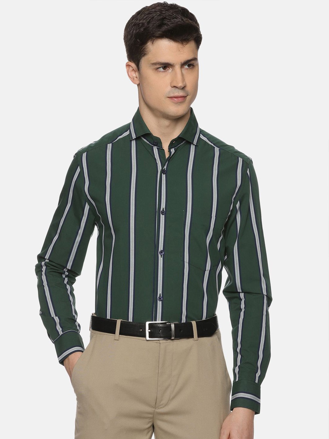 

THE FORMAL CLUB Men Spread Collar Striped Formal Shirt, Green