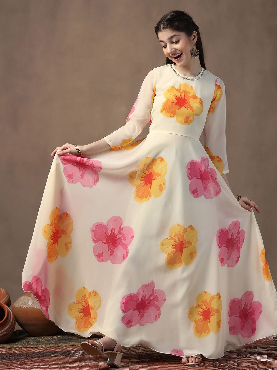 

FASHION DREAM Girls Floral Print Georgette Maxi Ethnic Dress, Off white