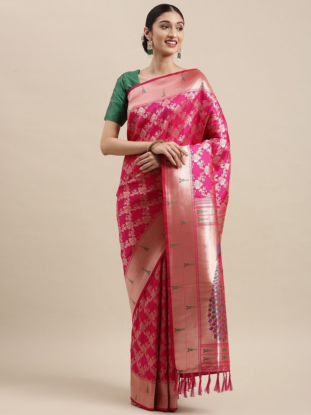 

Panzora Woven Design Zari Silk Blend Paithani Saree, Pink