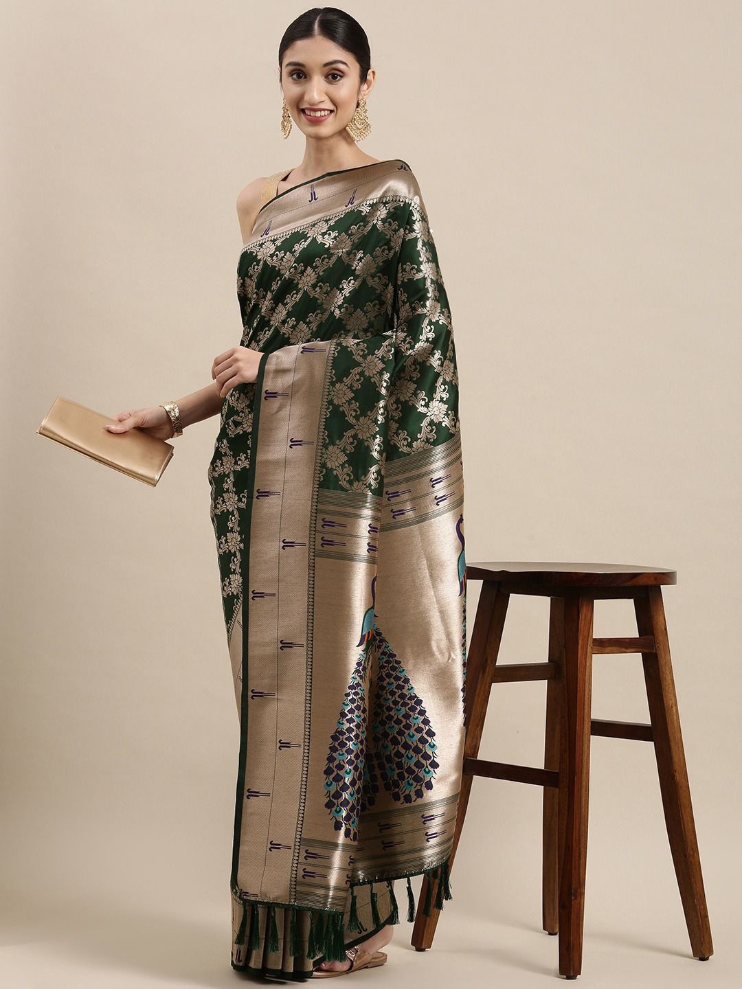

Panzora Woven Design Zari Silk Blend Paithani Saree, Green