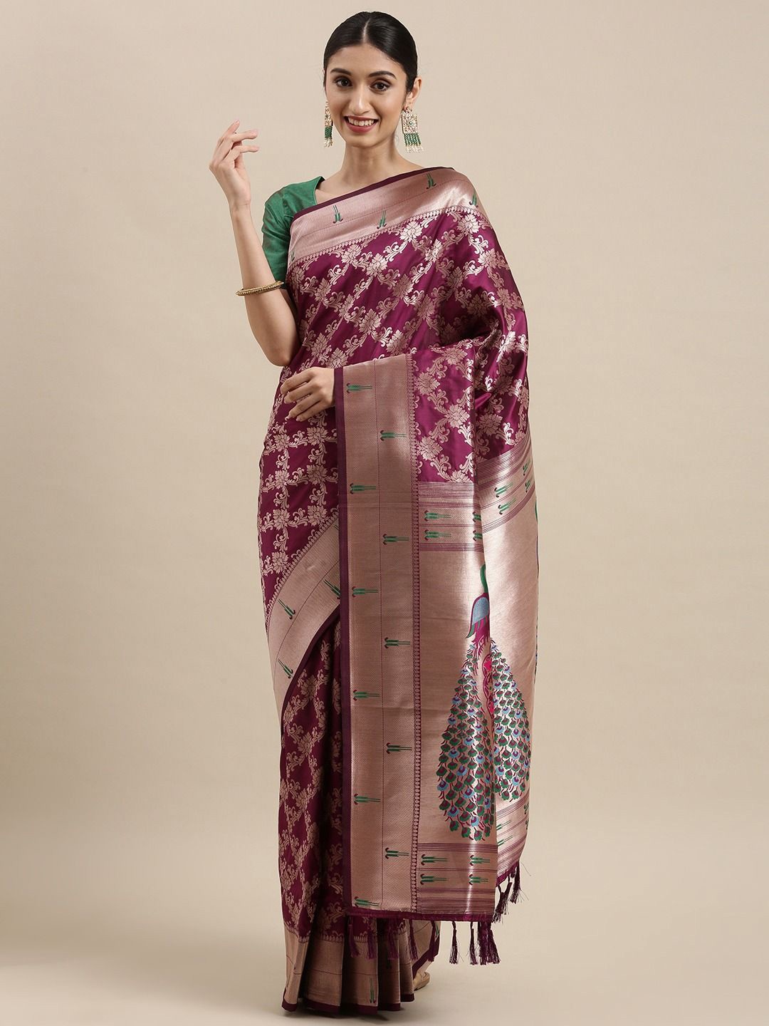 

Panzora Woven Design Zari Silk Blend Paithani Saree, Purple