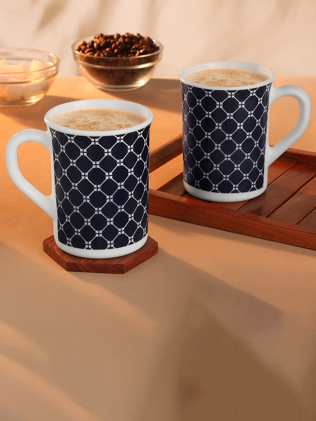

Larah by BOROSIL White & Blue 2 Pieces Printed Glossy Mugs 350 ml