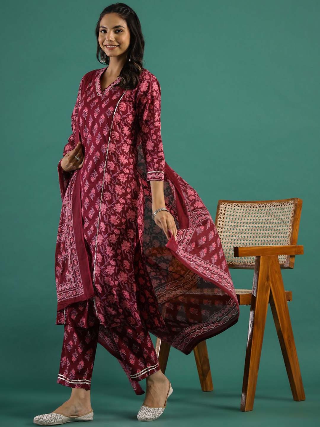 

Sangria Printed Pure Cotton Straight Kurta With Trouser & Dupatta Set, Maroon