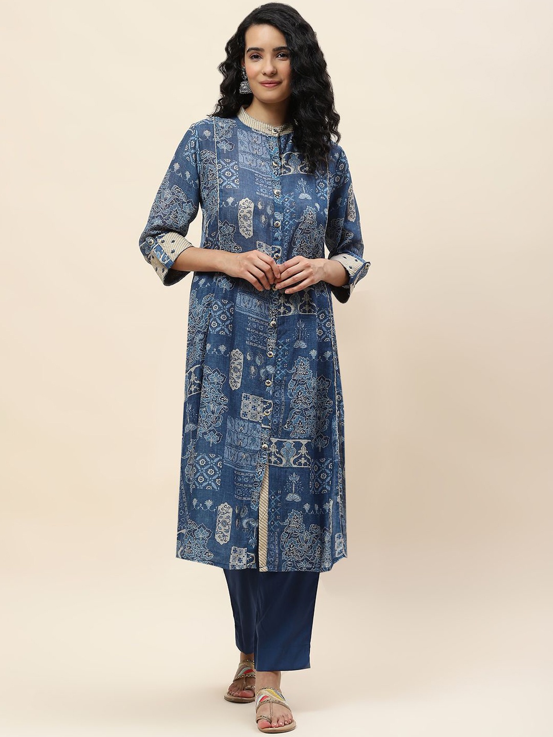 

Meena Bazaar Ethnic Motifs Printed Band Collar A-Line Kurta with Trousers, Blue