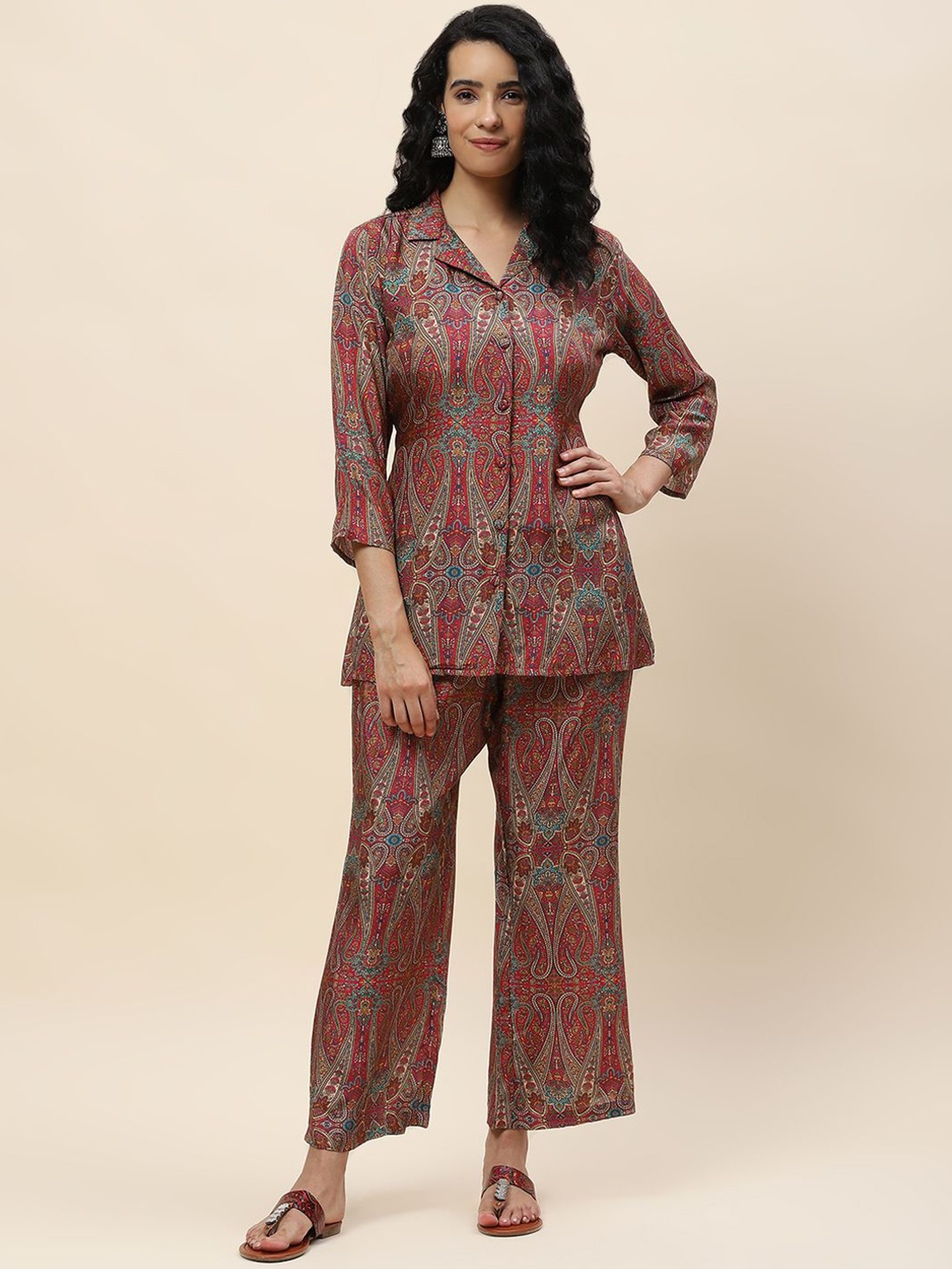 

Meena Bazaar Printed Shirt With Trousers Co-Ords, Maroon