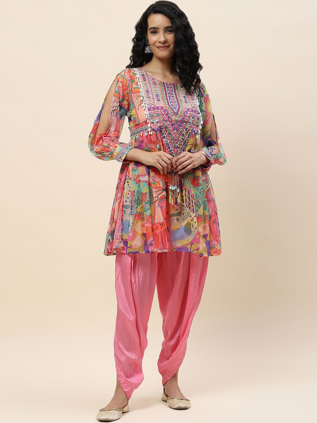 

Meena Bazaar Floral Printed Panelled Mirror Work A-Line Kurti With Dhoti Pants, Pink
