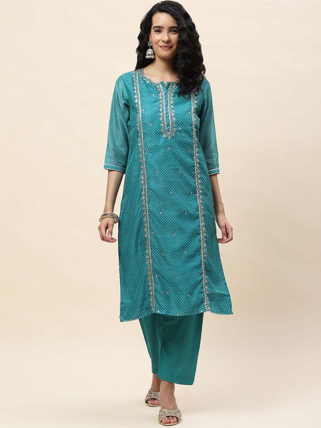 

Meena Bazaar Floral Embroidered Round Neck Sequinned Straight Kurta with Trousers, Teal
