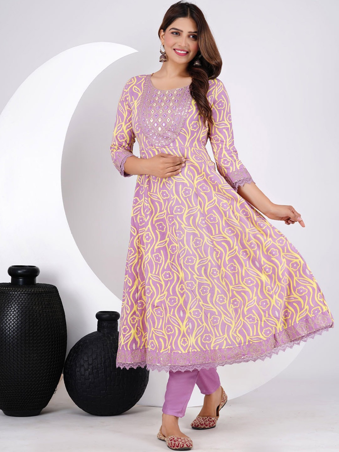 

Meena Bazaar Floral Embroidered Round Neck Mirror Work Anarkali Kurta with Trousers, Peach