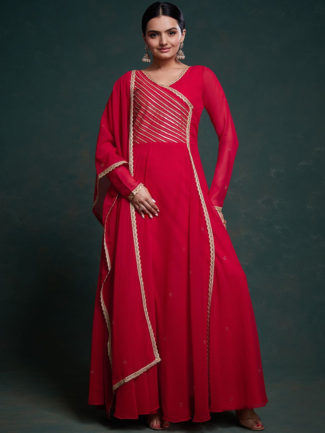 

ODETTE Women Flared Sleeves Thread Work Georgette Anarkali Kurta, Red
