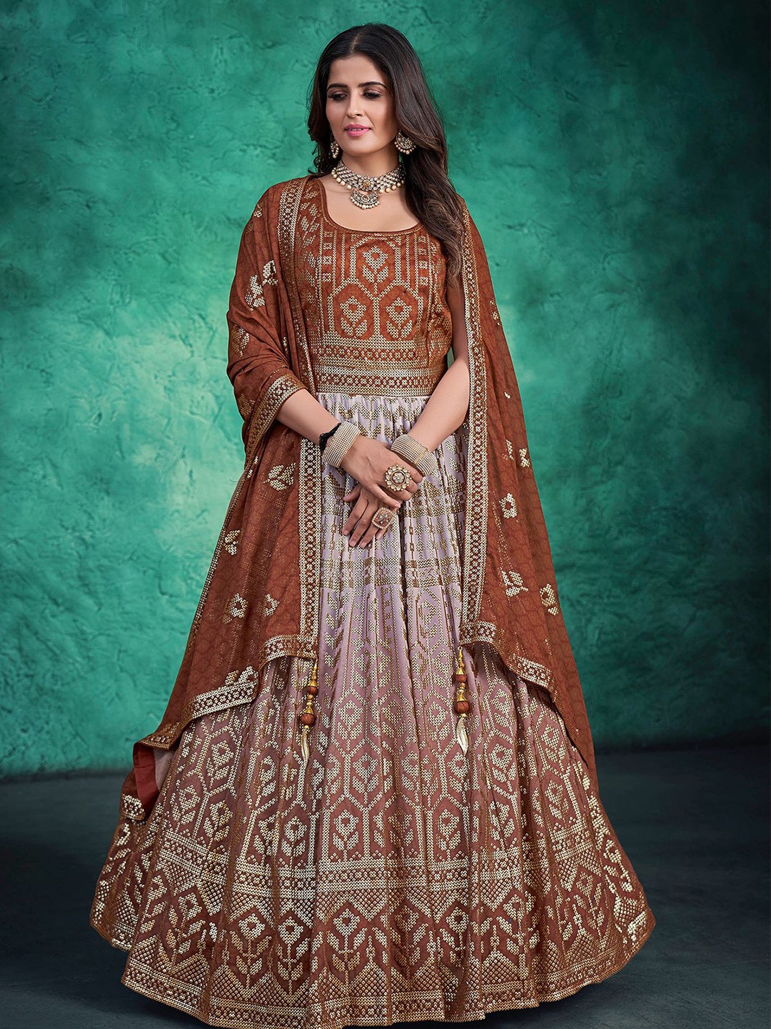 

ODETTE Embroidered Sequined Georgette Fit & Flare Ethnic Dress With Dupatta, Coral