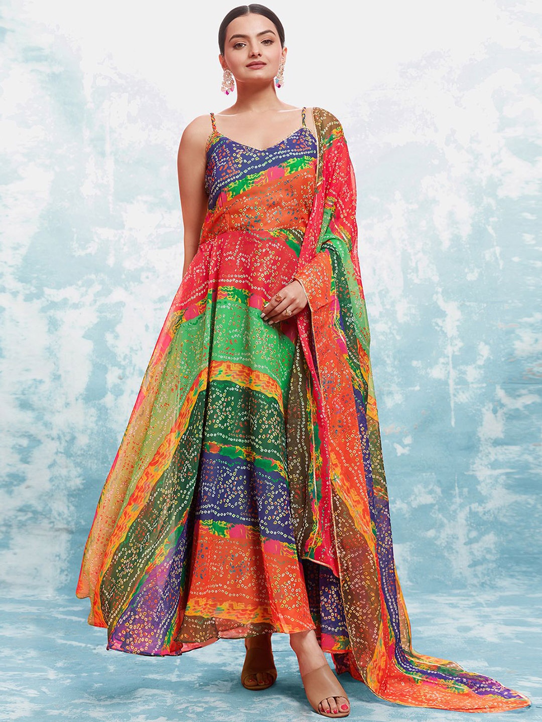 

ODETTE Bandhani Printed V-Neck Shoulder Straps Fit & Flare Ethnic Dress With Dupatta, Orange
