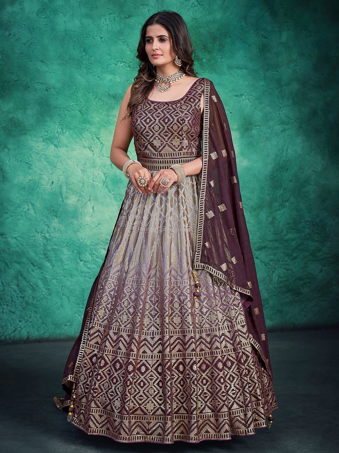 

ODETTE Embroidered Sequined Georgette Fit & Flare Ethnic Dress With Dupatta, Brown