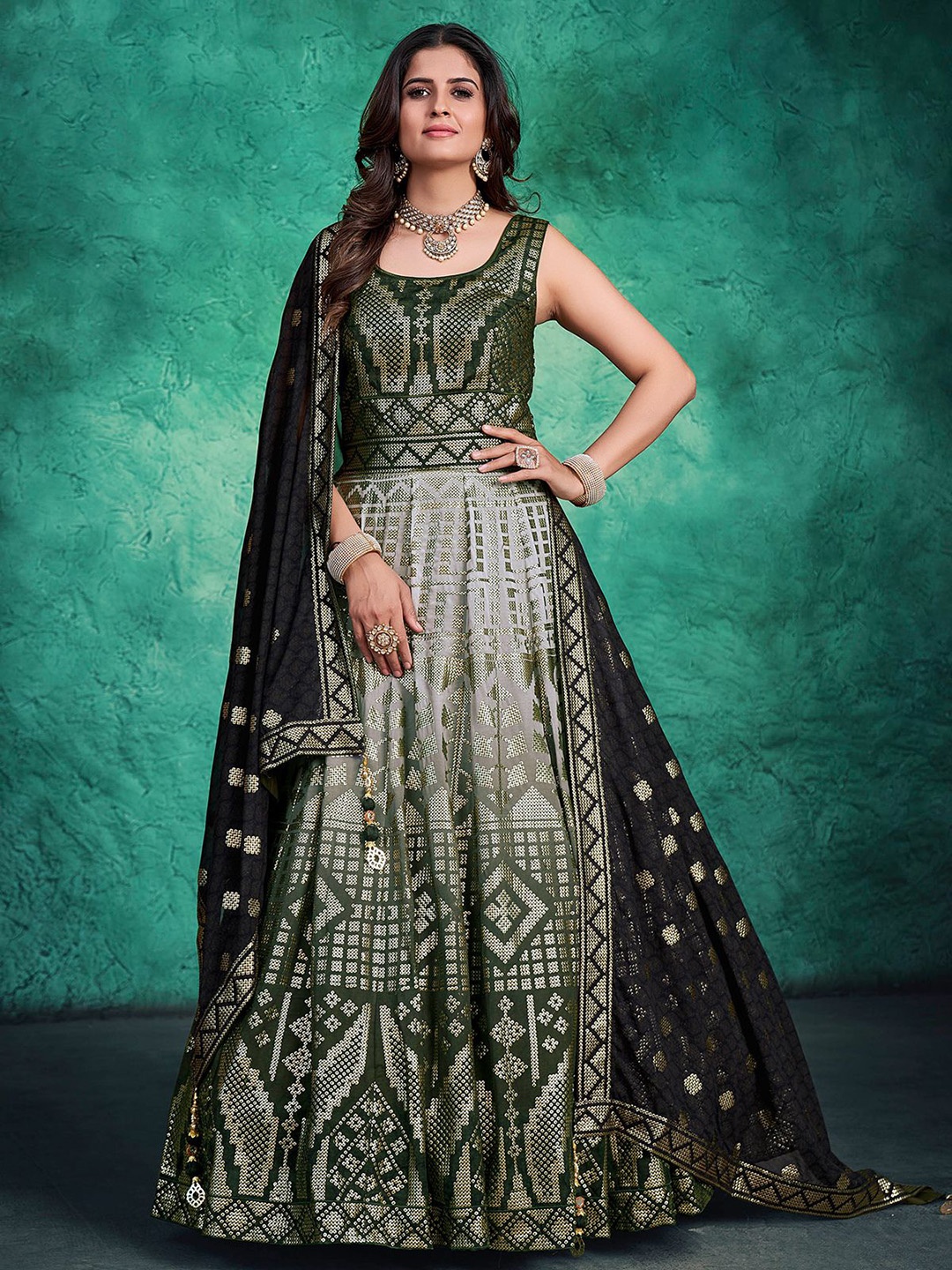 

ODETTE Embroidered Sequined Georgette Fit & Flare Ethnic Dress With Dupatta, Green