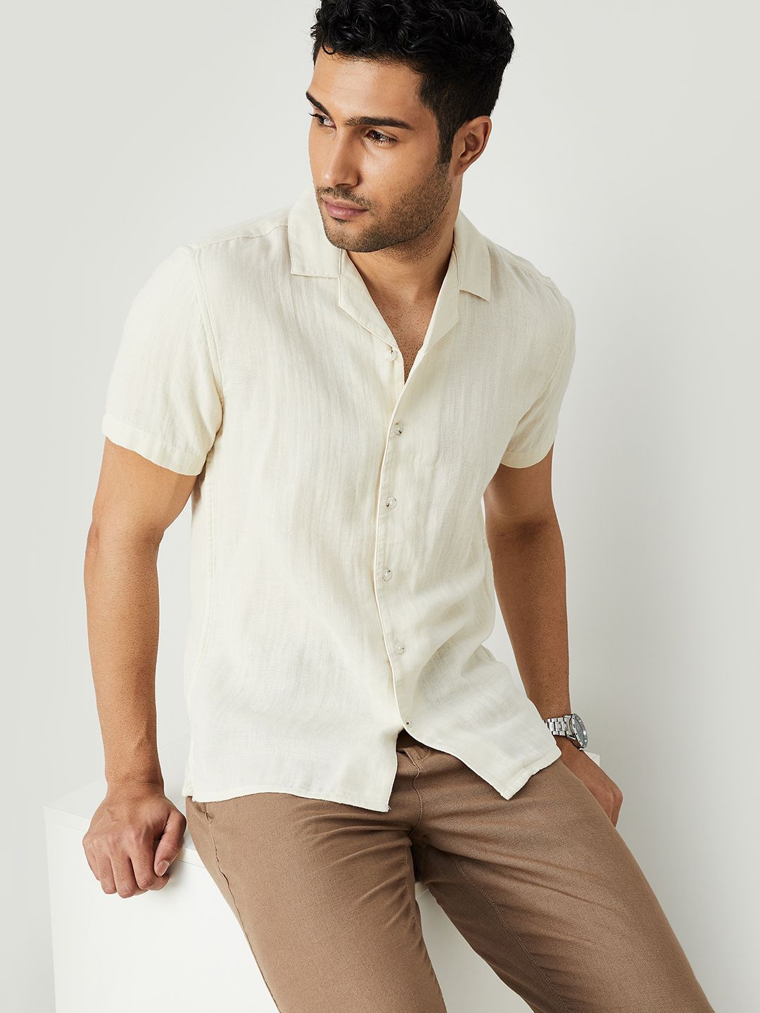 

CODE by Lifestyle Men Cuban Collar Solid Casual Shirt, Beige