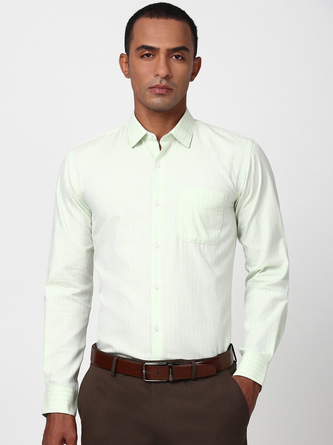 

Peter England Men Striped Printed Spread Collar Formal Shirt, Green