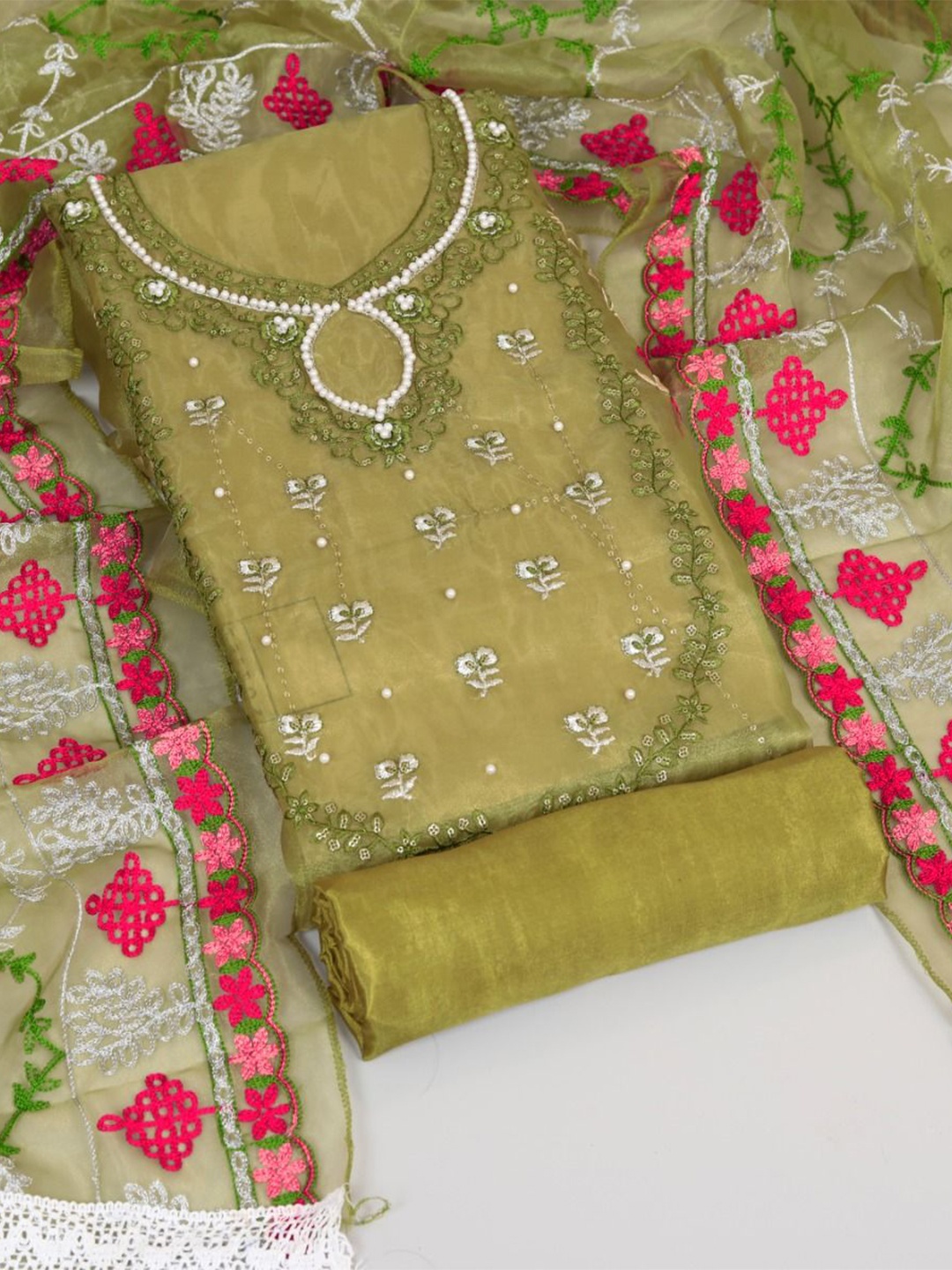 

Sidhidata Embroidered Organza Unstitched Dress Material, Green