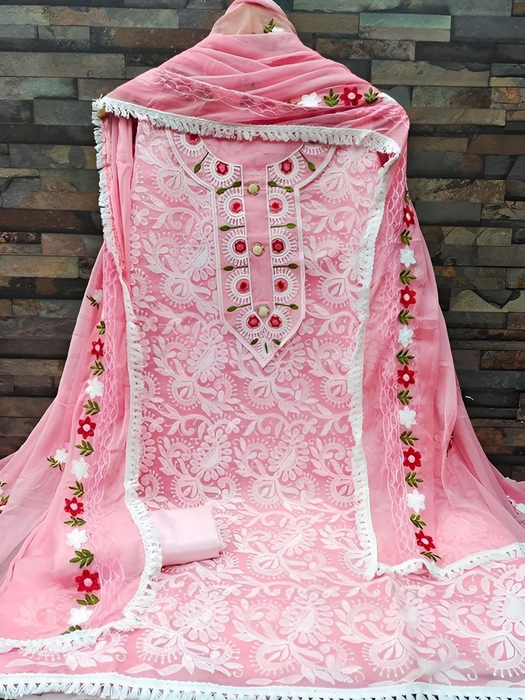 

Sidhidata Embroidered Unstitched Dress Material, Pink