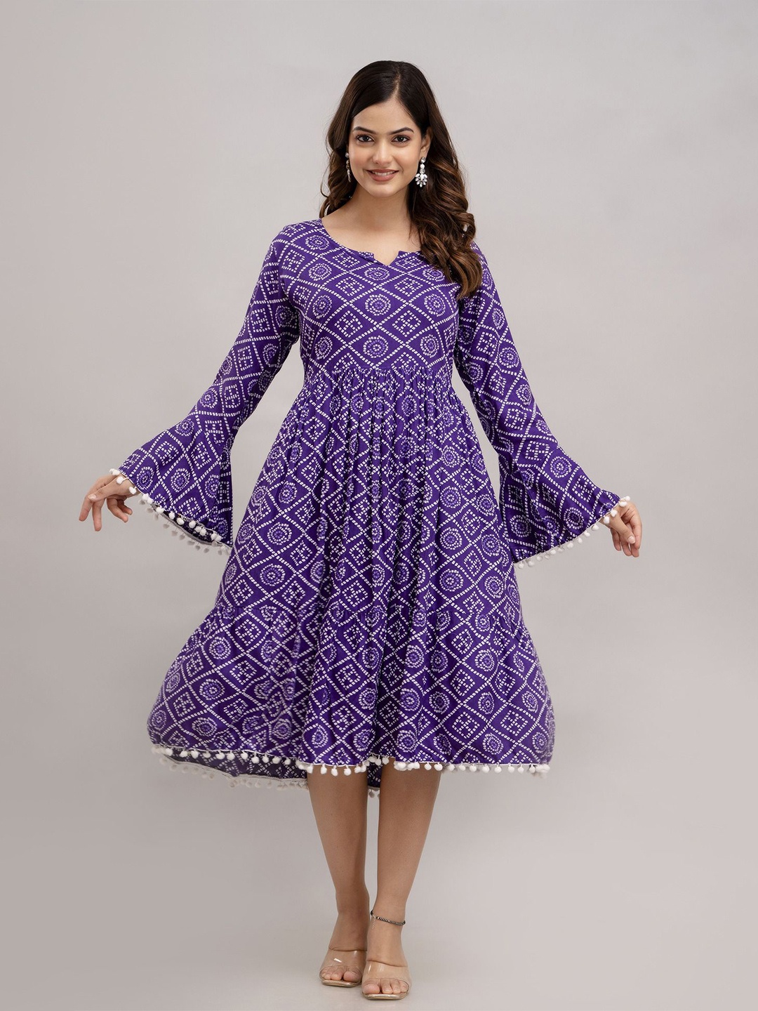 

SHOOLIN Floral Print Bell Sleeve with Pom-Pom Detail Fit & Flare Midi Dress, Purple