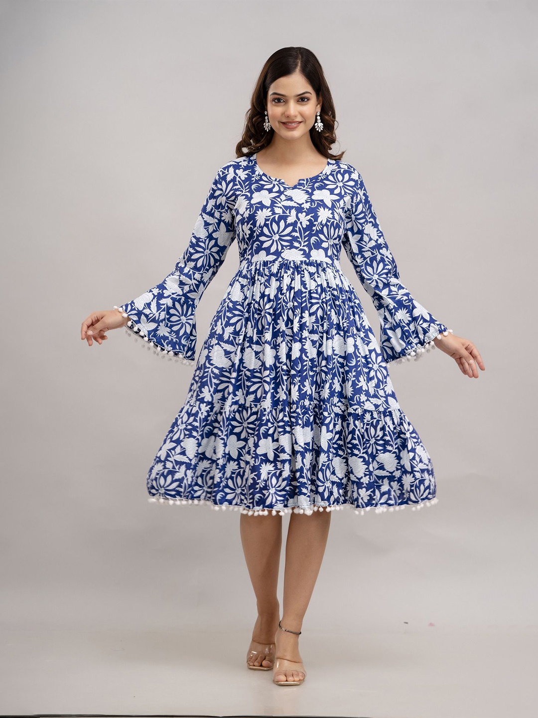 

SHOOLIN Floral Print Bell Sleeve with Pom-Pom Detail Fit & Flare Dress, Blue