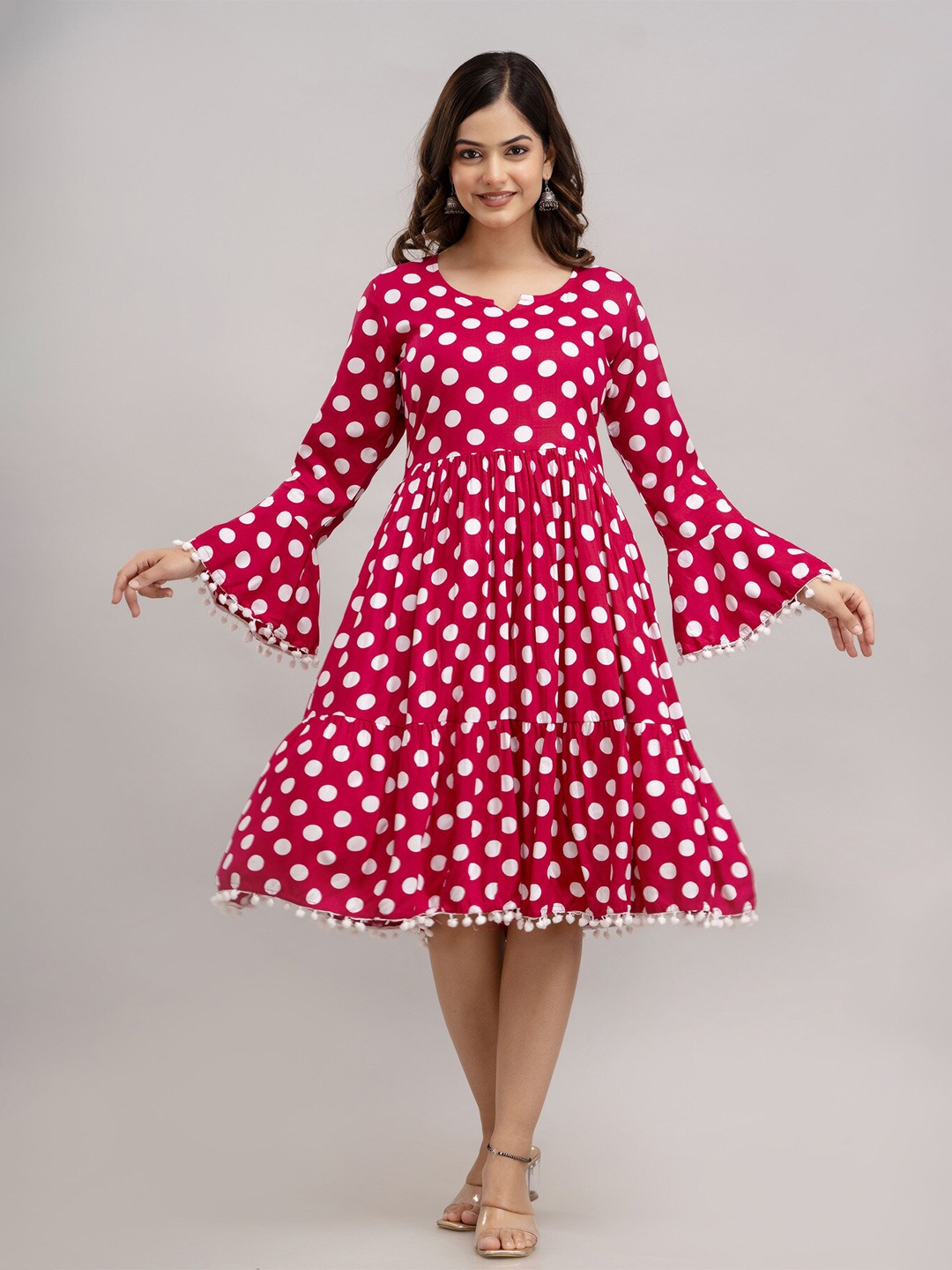 

SHOOLIN Women Polka Dot Print Bell Sleeve with Pom-Pom Detail Fit & Flare Dress, Pink