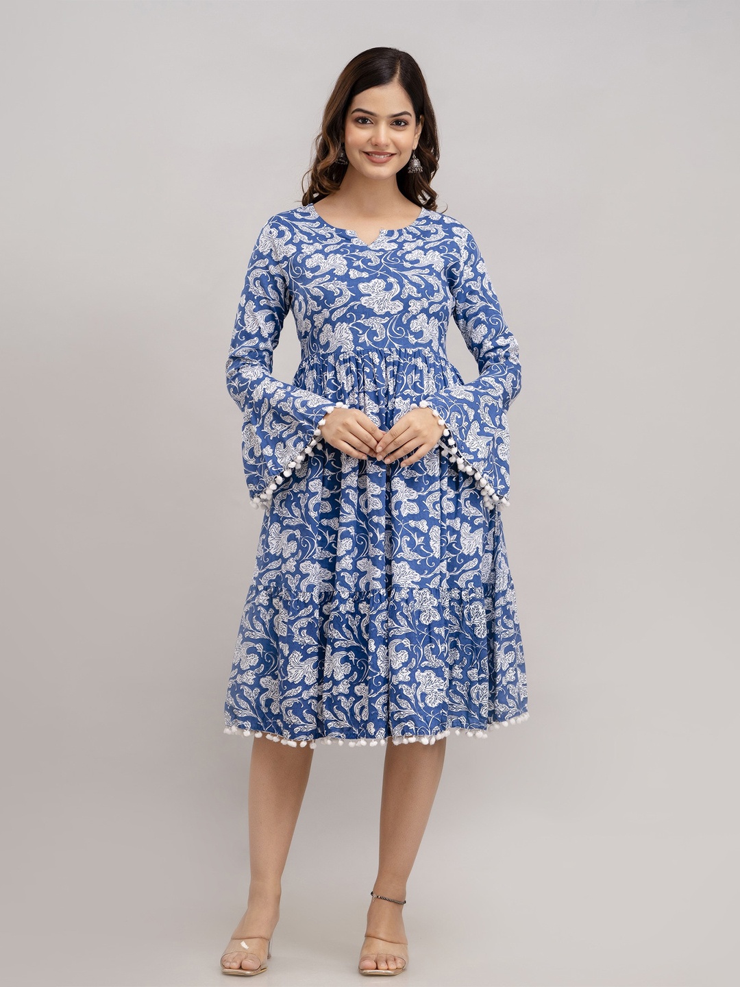 

SHOOLIN Floral Print Bell Sleeve with Pom-Pom Detail Fit & Flare Dress, Blue