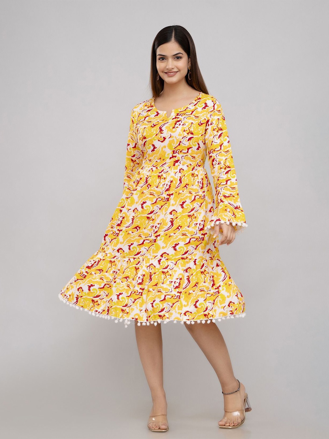 

SHOOLIN Floral Print Bell Sleeve with Pom-Pom Detail A-Line Dress, Mustard