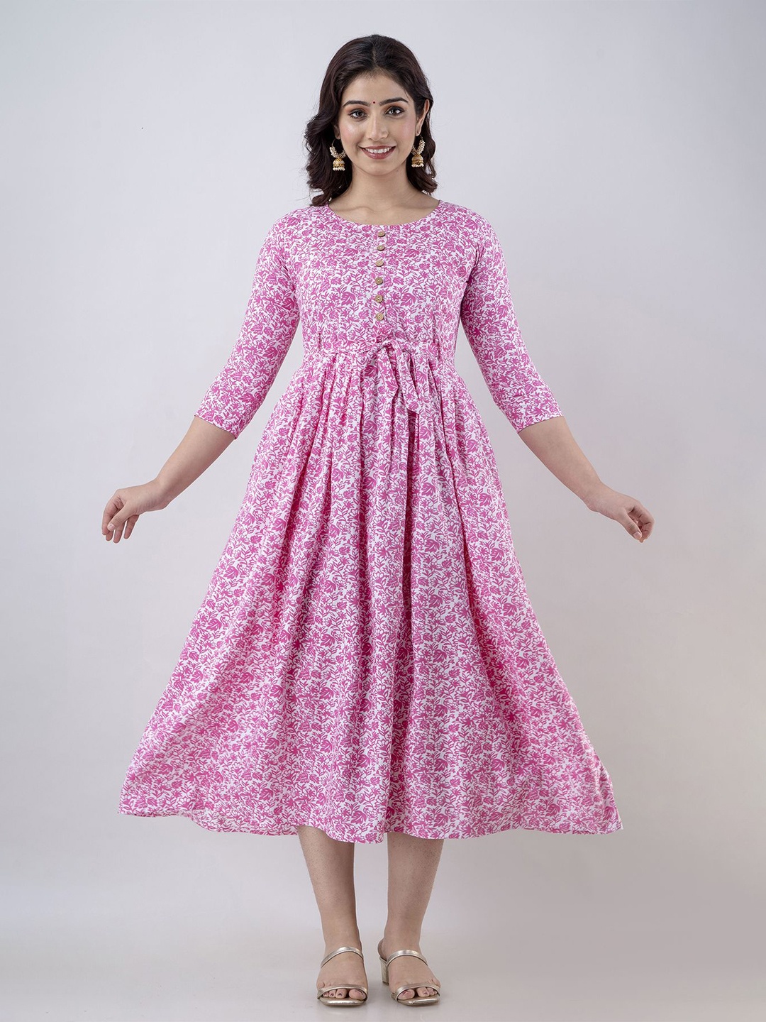

SHOOLIN Women Floral Print Fit & Flare Midi Dress, Pink