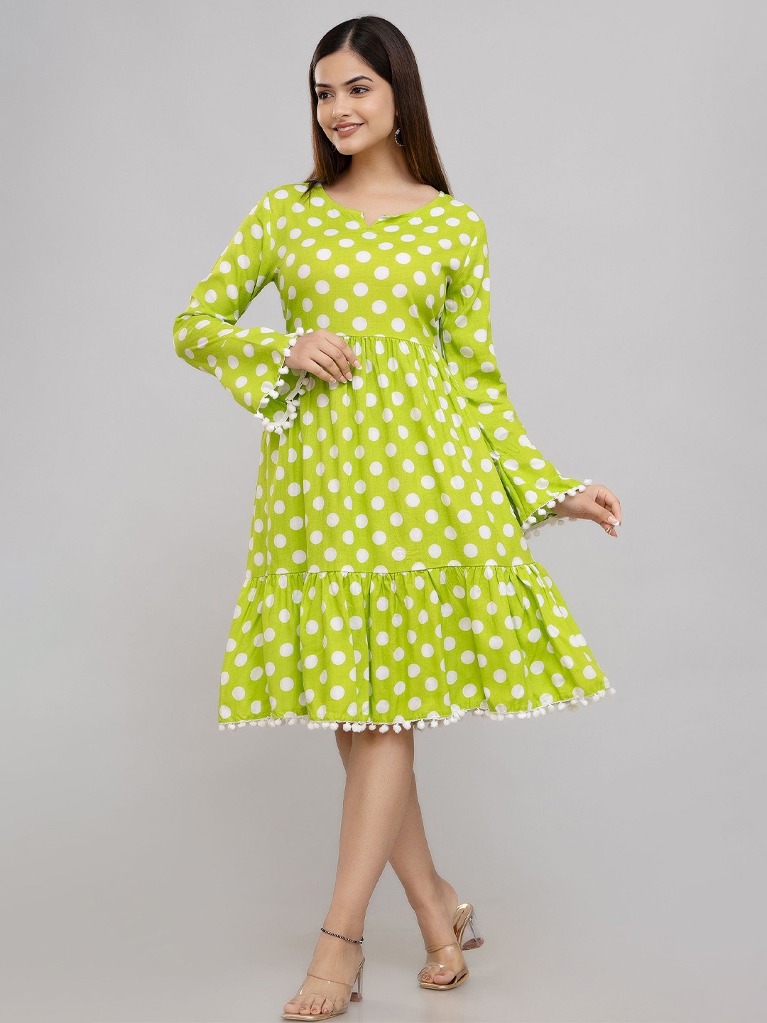 

SHOOLIN Polka Dot Print Bell Sleeve with Pom-Pom Detail A-Line Dress, Green