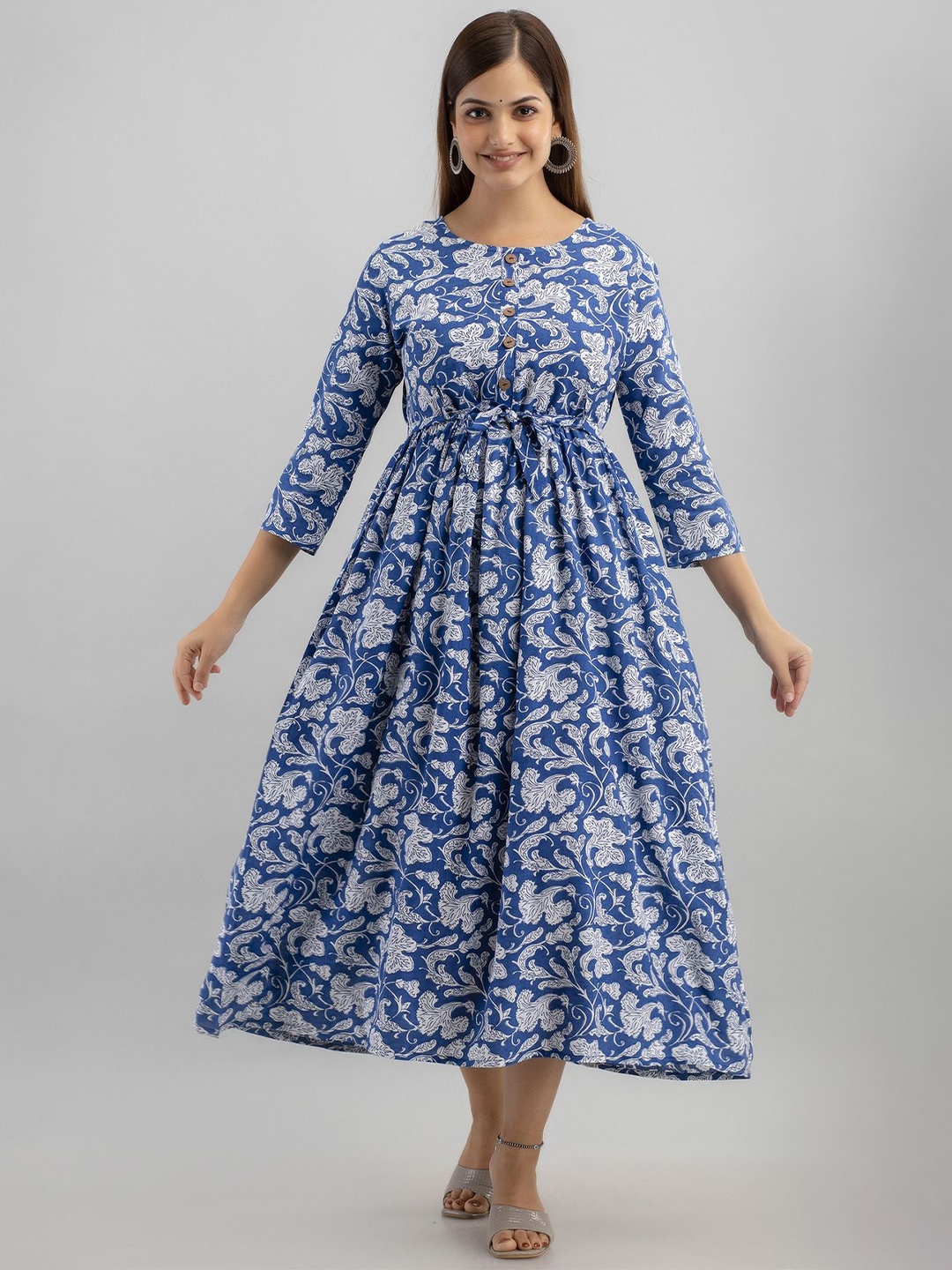 

SHOOLIN Ethnic Motifs Print Fit & Flare Midi Dress, Blue