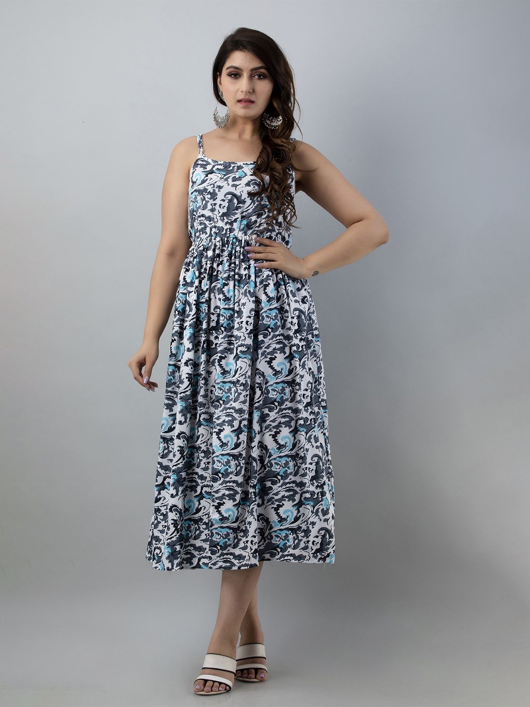 

SHOOLIN Women Floral Print Fit & Flare Midi Dress, Navy blue