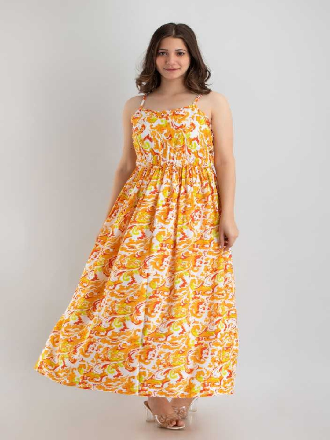 

SHOOLIN Floral Print Shoulder Straps Cotton Maxi Fit & Flare Dress, Mustard