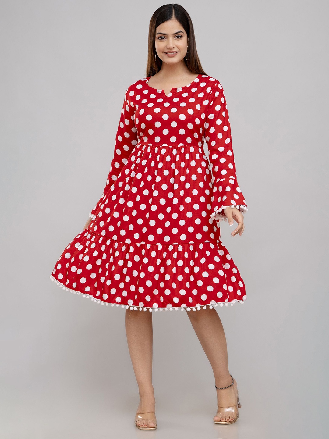 

SHOOLIN Polka Dot Print Bell Sleeve with Pom-Pom Detail Fit & Flare Dress, Red