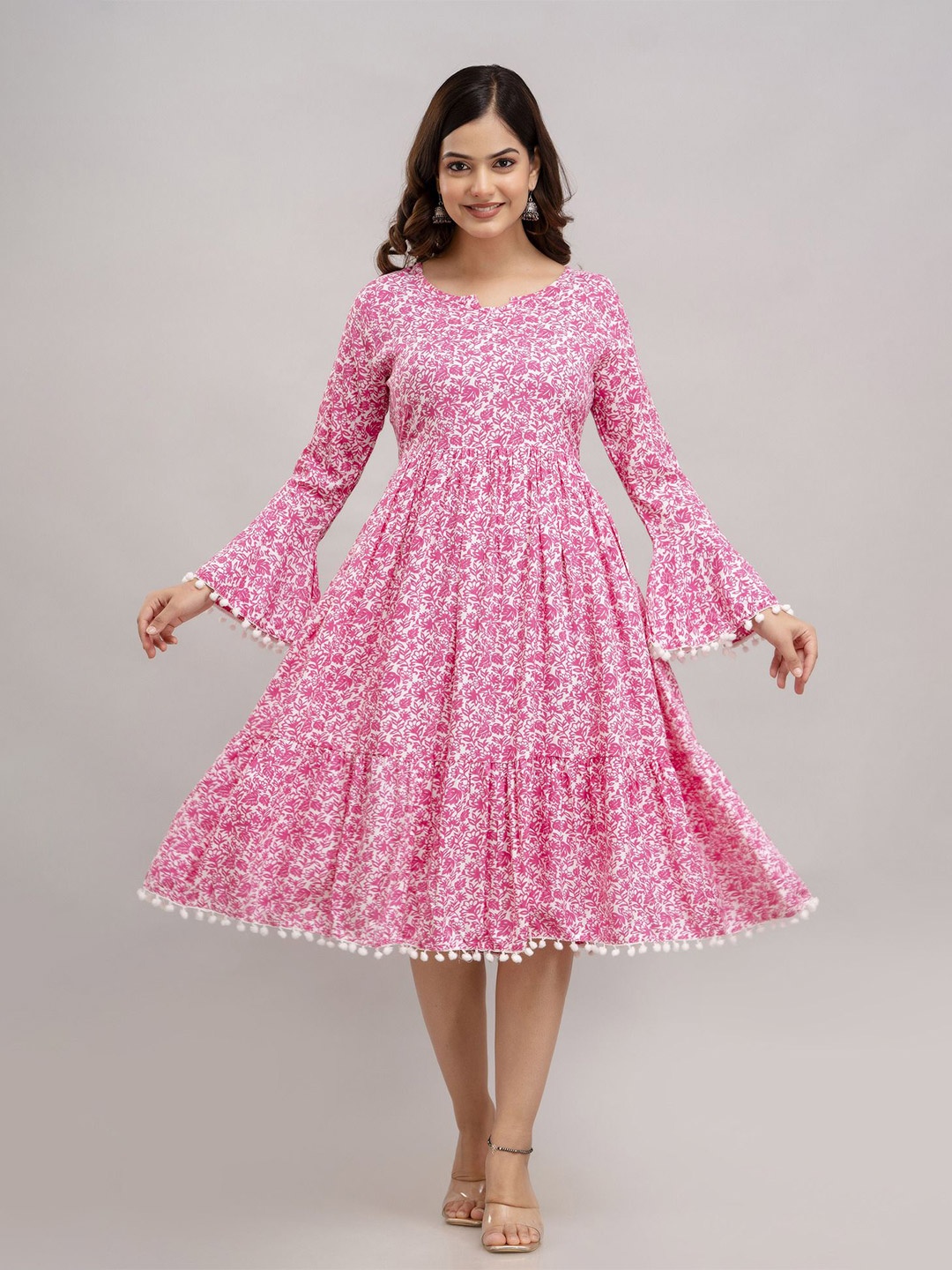 

SHOOLIN Floral Print Bell Sleeve with Pom-Pom Detail Fit & Flare Dress, Pink