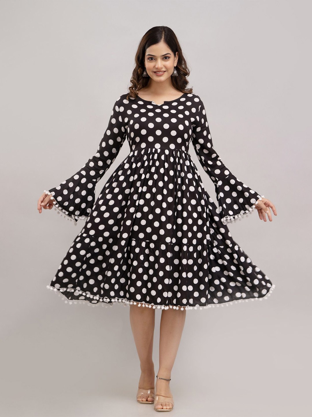 

SHOOLIN Women Polka Dot Print Bell Sleeve with Pom-Pom Detail Fit & Flare Dress, Black