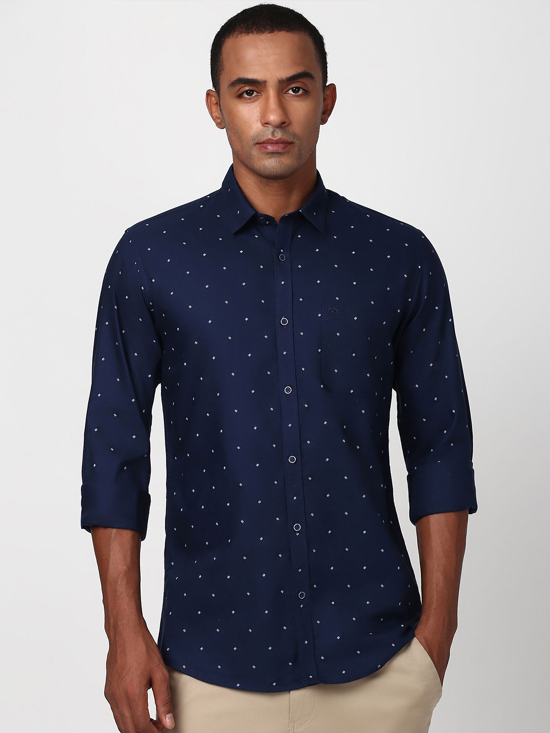 

Peter England Micro Ditsy Printed Spread Collar Pure Cotton Casual Shirt, Navy blue