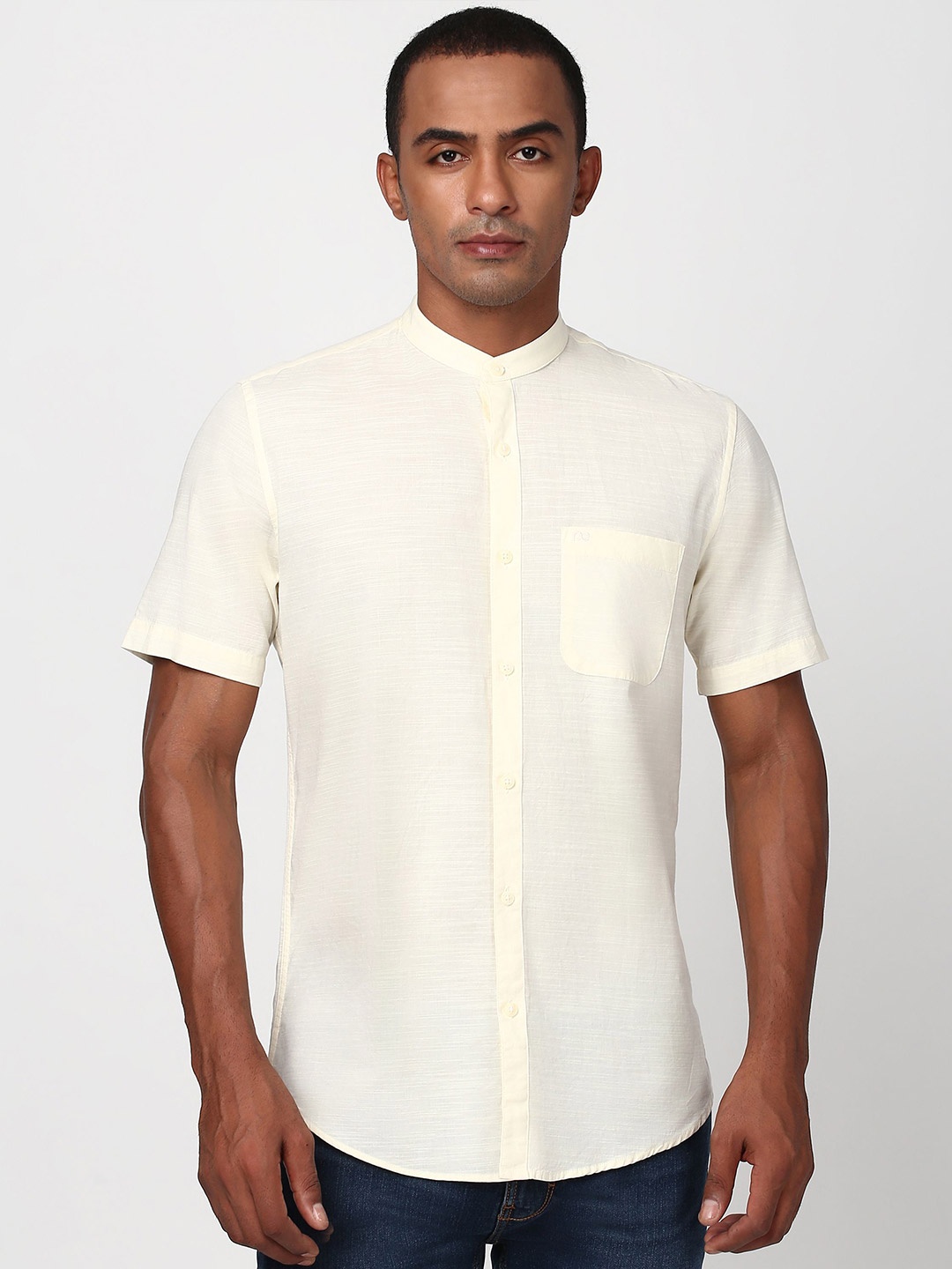 

Peter England Men Solid Band Collar Casual Shirt, Cream