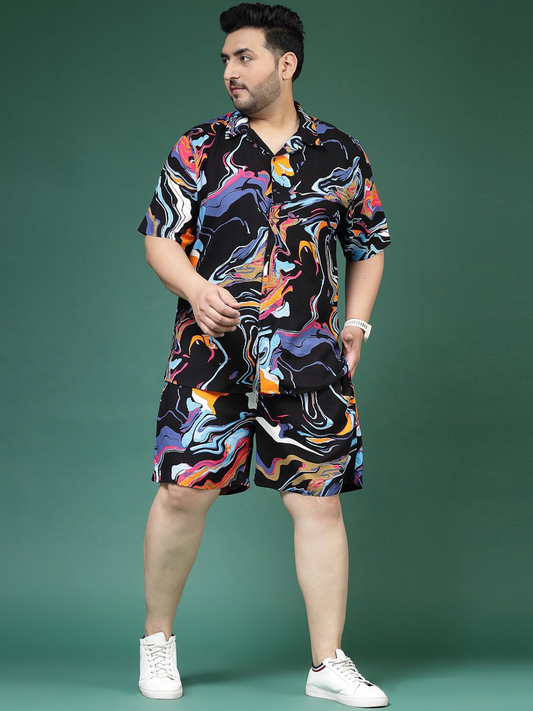 

Rigo Plus Size Striped Shirt-Collar Shirt With Shorts Co-Ords Set, Black