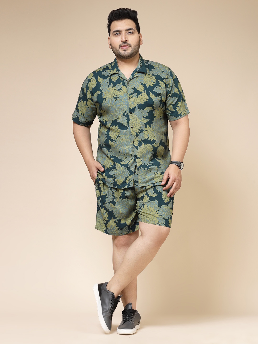 

Rigo Plus Size Floral Printed Short Sleeves Casual Shirt With Shorts, Blue