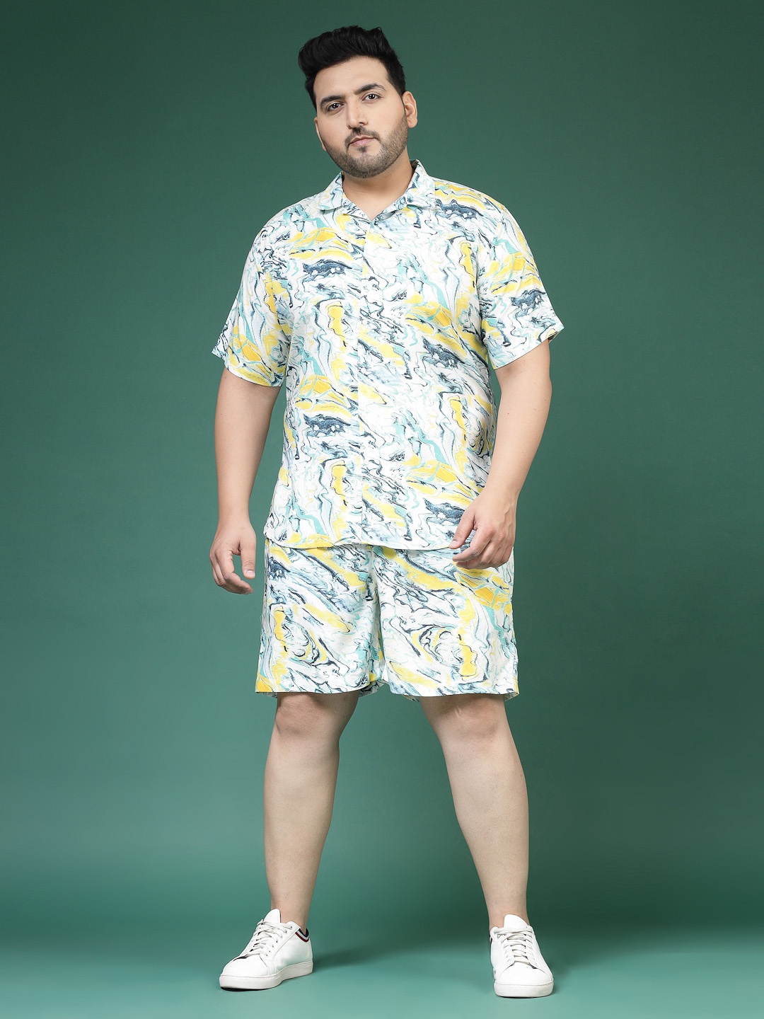 

Rigo Plus Size Printed Shirt-Collar Shirt With Shorts Co-Ords Set, Yellow