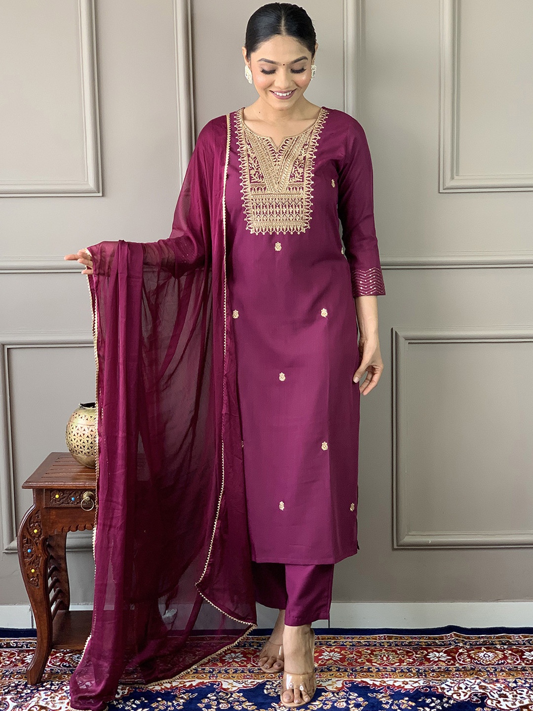 

THE52 Floral Embroidered Notch Neck Thread Work Straight Kurta With Trousers & Dupatta, Purple