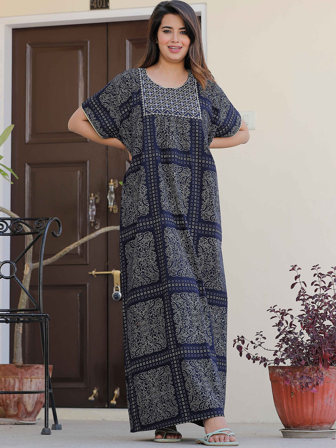 

G4Girl Cotton Printed Long Nightdress, Navy blue