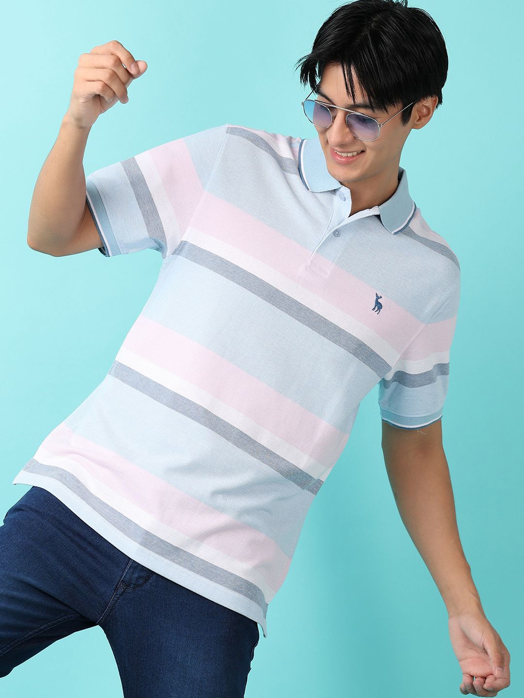 

V-Mart Men Embroidered Striped Polo Collar T-shirt, Blue