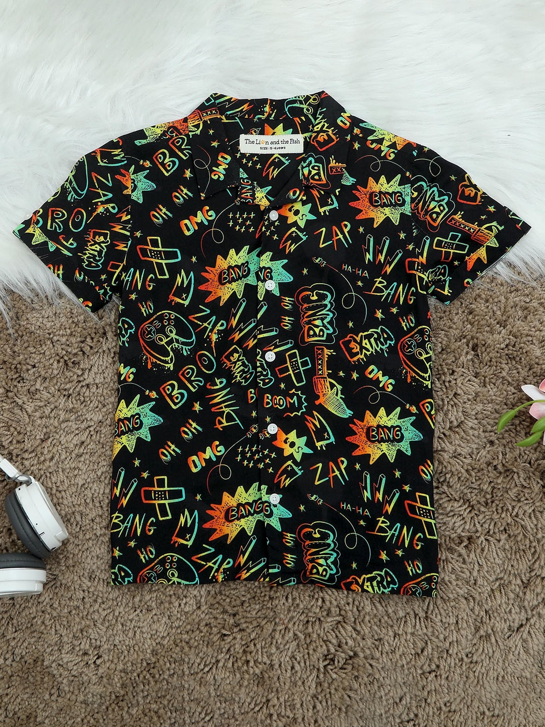 The Lion and The Fish Boys Comfort Conversational Printed Casual Shirt, Black