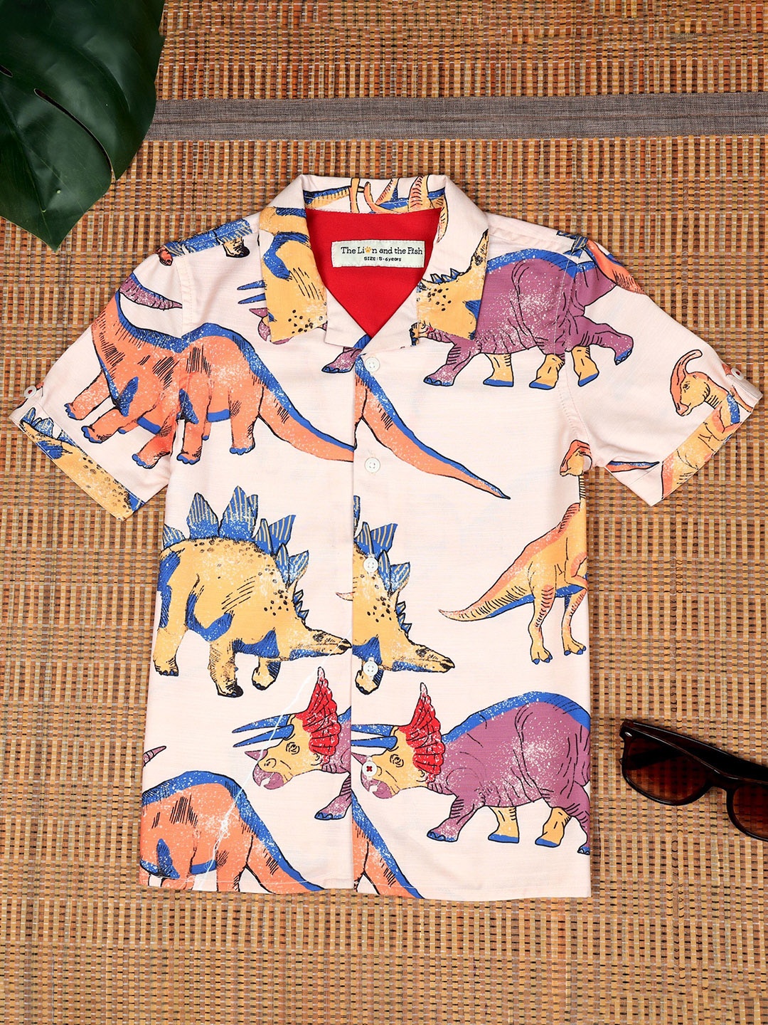 

The Lion and The Fish Boys Relaxed Fit Dinosaur Print Cuban Collar Shirt, Peach
