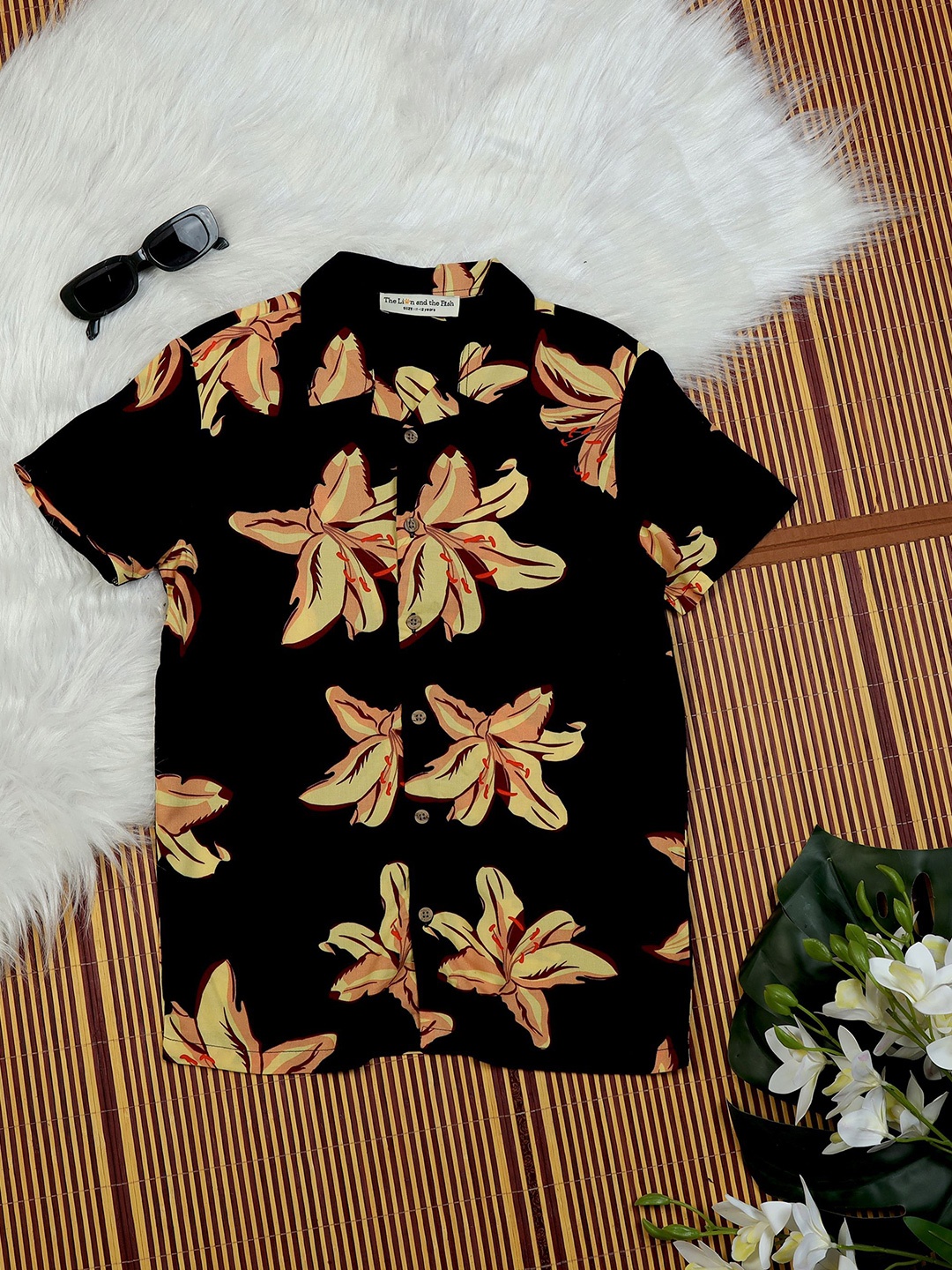 

The Lion and The Fish Boys Relaxed Fit Floral Printed Cuban Collar Shirt, Black