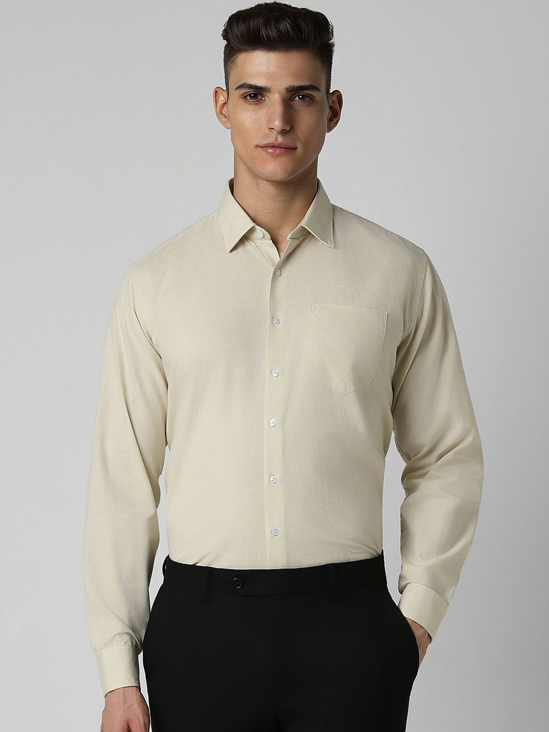 

Van Heusen Men Slim Fit Spread Collar Solid Pure Cotton Shirt, Cream